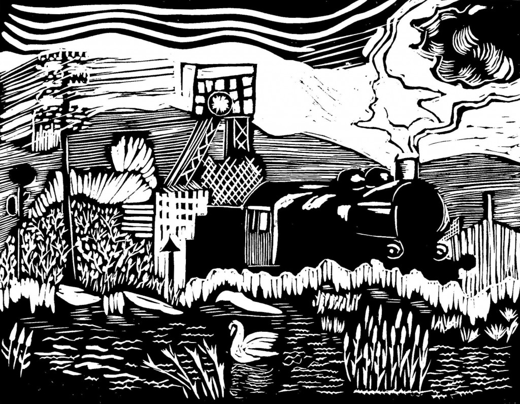 'Parowóz z łabędziem', linoryt,25x18,Jerzy Granowski_6