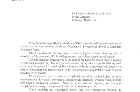 Pismo NZZ "Solidarność" do Barbary Stanisławczyk-Żyły