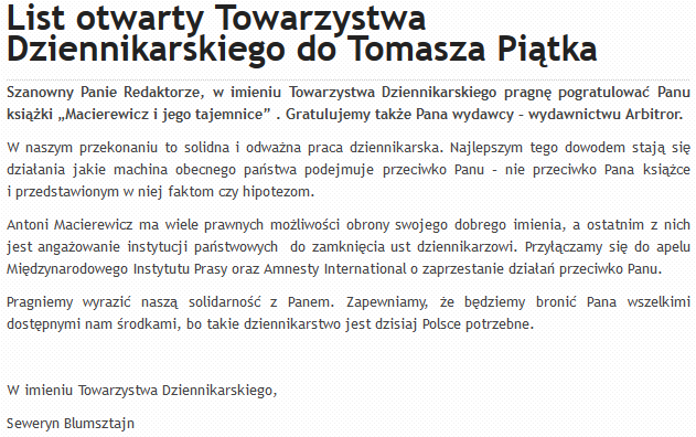 List otwarty TD w sprawie Tomasza Piątka