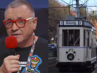 Jerzy Owsiak i kadr z materiału "Wiadomości" o historycznym tramwaju w Gdańsku