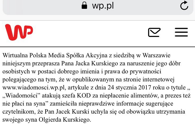 WP przeprosiny Jacka Kurskiego