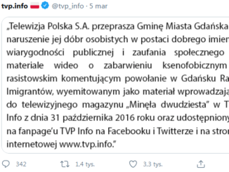 Wpis twitterowy TVP Info z przeprosinami dla Gdańska