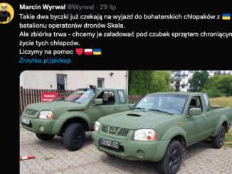 Marcin Wyrwał na Twitterze wspiera zbiórkę na samochody dla batalionu dronów