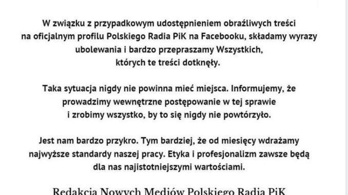 Przeprosiny zniknęły z profilu Radia PiK w poniedziałek o północy